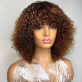 Short Pixie Bob Cut Human Hair Wigs With Bangs Jerry Curly Non lace front Wig Highlight Honey Blonde Colored Wigs For Women