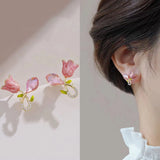 Flyshadow Pink Flower Stud Earrings for Women Enamel Oil Crystal Bud Green Leaf Small Earrings Wedding Party Cute Jewelry