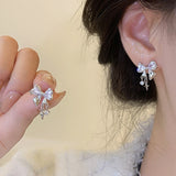 Flyshadow Korean Bowknot Zircon Stud Earrings for Women Trendy Cute Pink Crystal Earrings Personality Y2k Earring Girl Party Jewelry Gifts