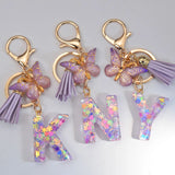 Flyshadow Purple A To Z 26 Letters Key Chain Women 26 Initials Alphabet Butterfly Tassel Key Rings Wallet Charms Pendant Jewelry Gifts