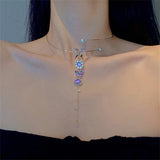 Flyshadow Korean Fashion Bling Purple Crystal Butterfly Choker Necklace For Women Teen Girls Gold Plated Long Tassel Collar Jewelry
