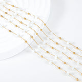 Flyshadow 1M Stainless Steel Beaded Chain Elegant White Glass Flat Beads Gold Color Chains for DIY Women Necklace Bracelets Jewelry Making