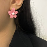 Flyshadow Rose Red Flower Korean Fashion Women's Earrings Imitation Pearl Designer Luxury Banquet Wedding Earrings For Femme Accessories