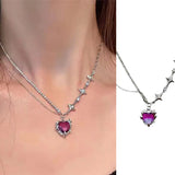 Flyshadow Y2K Purple Crystal Heart Pendant Necklace Women Sweet Cool Girl Punk Clavicle Chain Fashion Aesthetic Necklace Jewelry Gift 2024