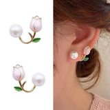 Flyshadow Korean Light Luxury Pink Tulip Flower Pearl Stud Earrings For Women Exquisite Earring Party Ear Accessories Jewelry Gift