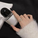 Flyshadow Women Fashion Gifts Light Luxury Niche Design Micro Inlay Zircon Plain Ring Opening Ring Double Layered Pearl Index Finger Ring