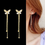 Flyshadow Butterfly Crystal Long Tassel Dangling Earrings For Women Korean Fashion Dainty Gold Plated Drop Earrings Jewelry Accessories