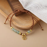 Flyshadow Ethnic Style Green Jade Bracelet for Women Unique Design Fashion Jewelry Stretchy Braided Wristband Accessory Free Shipping