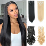 Flyshadow 24inch Long Straight Clip in Hair Extension for Women 7pcs/set Natural Straight Hair Extensions Synthetic Black Fibre Fake Hair