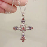 Flyshadow Pink Zircon Cross Pendant Jewel Necklace Fashion Gothic Punk Y2K Rhinestone Jewellery Fashion Charm Statement Women Gift