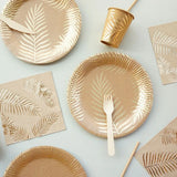 Flyshadow Disposable Kraft Paper Tableware Set Golden Colored Palm Leaf Pattern Plate Cup Towel Straw Party Decor Wedding Birthday Cutlery