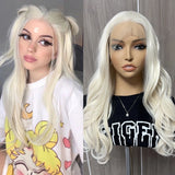 Flyshadow Platinum Blonde Wave Wig Synthetic Lace Front Wigs For Women White Blonde Natural Wave Lace Hair Long Wave Wig Cosplay Wig Party