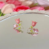 Flyshadow Pink Flower Stud Earrings for Women Enamel Oil Crystal Bud Green Leaf Small Earrings Wedding Party Cute Jewelry