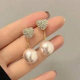 Flyshadow White Red Imitation Pearl Dangle Earrings for Women Wedding Party Elegant Shiny Crystal Heart Drop Earrings Trendy Jewelry Gift