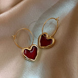 Flyshadow Red Enamel Oil Heart Dangle Earrings for Women Party Romantic Statement Jewelry Trendy Simple Golden Metal Hoop Earrings