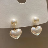 Flyshadow Elegant Imitation Pearl Heart Drop Earrings for Women Wedding Party Sweet Jewelry 2 in 1 Round Charms Temperament Dangle Earring