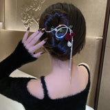 Flyshadow Fashion Retro Rose Flower Tassel Hair Clip Korean Style Elegant One Word Ponytail Clip Women Party  summer  accessories