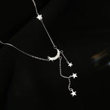 Flyshadow Exquisite Bling Silver Color Tassel Star Moon Necklace For Women Clavicle Chain Woman Jewelry Birthday Gift Accessories