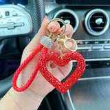 Flyshadow Creative Hollow out Ceramic Clay Full Diamond Love Key Chain Leather Rope Sticking Water Diamond Car Key Pendant Simple