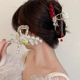 Flyshadow 11.5cm Lily Of The Valley Bouquet Tassel Clip Golden Hair Claw Hair Clips Red Festival Ponytail Hair Crabs Fashion Accessories