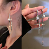 Flyshadow Creative Fashion Ladies Asymmetric Pearl Long Tassel Earrings Korean A Two-wear Drop Chain Jewelry Accessories Creative Gifts