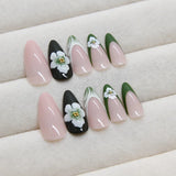 Flyshadow 24pcs 3D Green Gradient Flowers Decor Fake Nails Press On Acyrlic Nails Long Almond Tip False Nails French y2k Nails Wearable