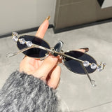 Flyshadow Retro Small Oval Sunglasses Vintage Shades Fashion Rhinestone Crystal Jewelry Sunglasses Eye Frames Luxury Women Metal Eyewear