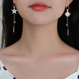 Flyshadow New Trend Star Earth Long Tassel Dangle Earrings For Women Planet Crystal Statement Pendant Earrings Wedding Party Jewelry