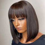 Flyshadow Short Straight Hair Bob Wigs Human Hair Wig With Bangs Remy Full Machine Made Wig for Women Non Lace Glueless Bob Wig