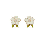 Flyshadow Trendy Cute White Flower Stud Earrings for Women Girls Enamel Oil Camellia Green Leaf Crystal Imitation Pearl Earrings Jewelry