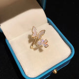 Flyshadow Elegant and Luxurious Shell Butterfly Ring Design Simple and Trendy Diamond Inlay Super Sparkling Opening Ring for Women