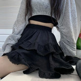 Flyshadow Ruffles Kawaii Women Mini Skirt Japanese Style Irregular Sweet Lace White Patchwork Elegant Casual Black Short Skirt