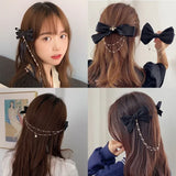 Flyshadow Trendy Pearl Chain Bow Hair Clip Temperament Bow Headwear Hair Accessories Sweet and Cute Korean Hair Accessories Girl