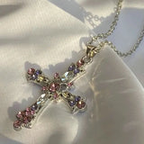 Flyshadow Pink Zircon Cross Pendant Jewel Necklace Fashion Gothic Punk Y2K Rhinestone Jewellery Fashion Charm Statement Women Gift