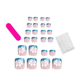 Flyshadow Summer Blue French Tip Flower False Toe Nails Wearable Square Foot Nails Set Press On Nails Short Glitter Fake Toenails Finished