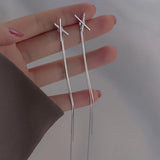 Flyshadow Simple Cross Long Chain Tassel Drop Earrings For Women Dangle Earring Silver Color Piercing Line Trendy Ear Jewelry