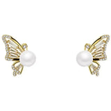 Flyshadow Light Luxury Diamond Inlaid Butterfly Pearl Earrings for Women with Korean Design Sense Temperament and Small Earrings