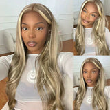 Flyshadow Brown Wig with Ash Blonde Highlights Synthetic Hair Long Wavy Loose Body Wave Streaks Money Piece 13X4 Frontal Wigs for Women