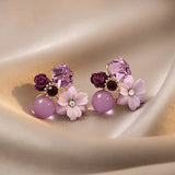 Flyshadow Korean Fashion Purple Crystal Flower Earrings for Women with Gentle Temperament Wedding Party Anniversary Gift Jewelry Pendiente