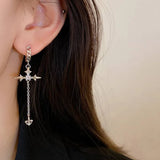 Flyshadow Cool Rhinestone Zircon Cross Earrings for Women Korean Fashion Long Tassel Earring Girls Daily Birthday Party Y2k Jewelry Gifts