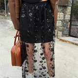 Flyshadow Elegant See-through Black Skirt Tulle Vintage Lace Fashion Sexy Mid Skirt Mesh Korean Style Streetwear A-line Skirts