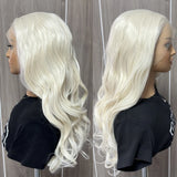 Flyshadow Platinum Blonde Wave Wig Synthetic Lace Front Wigs For Women White Blonde Natural Wave Lace Hair Long Wave Wig Cosplay Wig Party