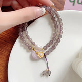 Flyshadow Chic Women's Bracelet Made of Natural 6mm Smoky Purple Agate with Delicate Chinese Style Antique Gray Crystal Bead Jewelry Retro