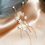 Flyshadow Korean Style Flower Asymmetric Pendant Earrings for Women Shiny Rhinestones Long Tassel Fairy Accessories Creative Gifts