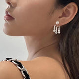 Flyshadow Korean Bling Full Rhinestone Tassel Drop Earrings for Women Luxury Pearl Two Ways Wear Earrings Female Exquisite Jewelry