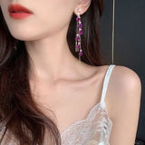 Flyshadow Silver Needle Elegant Big Red Rose Blossom Long Earrings Exquisite Purple Petals Tassel Earrings