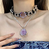 Flyshadow Y2K Purple Crystal Flower Pendant Necklace For Women Stainless Steel Punk Choker Clavicle Chain Aesthetic Necklace Jewelry Gift