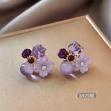 Flyshadow Women Summer Fashion Purple Crystal Flower Earrings Gentle Temperament Wedding Party Anniversary Gift Jewelry Accessories