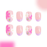 Flyshadow 24Pcs Pink Flower Short Almond Press-on Nails Set Glossy Acrylic Full Cover Fake Nails with Glue Art Stick on For Women&Girls