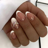 Flyshadow 24Pcs Simple French Round Head False Nails Short  Almond Gradient White Fake Nail with Rhinestone Full Cover Press on Nails Tips